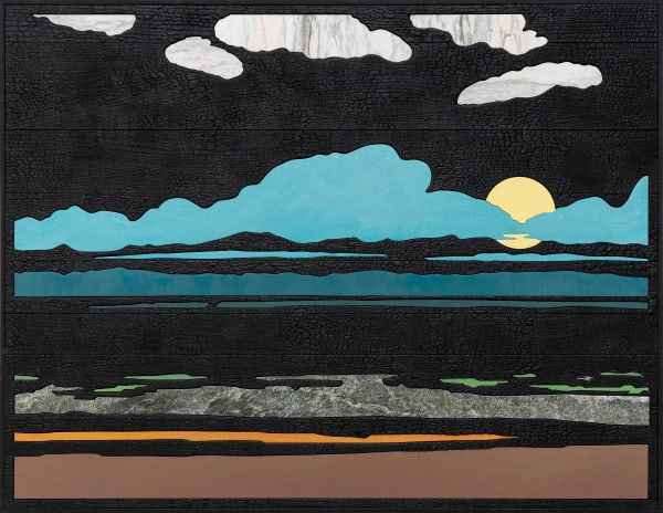 Laurent Pernot Where the clouds flow, 2024 Burnt wood, marble and painting 100 x 130 cm (39 3/8 x 51 1/8 in) 102 x 132 cm (40 1/8 x 52 in) (framed) Weight: 33 kg