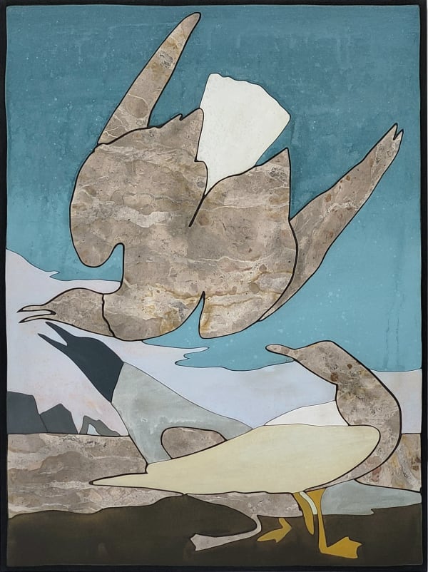 Laurent Pernot The gulls, 2022 Acrylic, varnish handpainted on cut wood and marble on wood panel 60 x 45 cm (23 5/8 x 17 3/4 in)