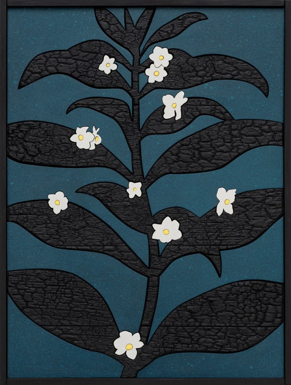 Laurent Pernot Blooming from the dark, 2025 Burnt wood and painting 52 x 40 x 4.5 cm (20 ½ x 15 ¾ x 1 ¾ in) Weight: 3.6 kg