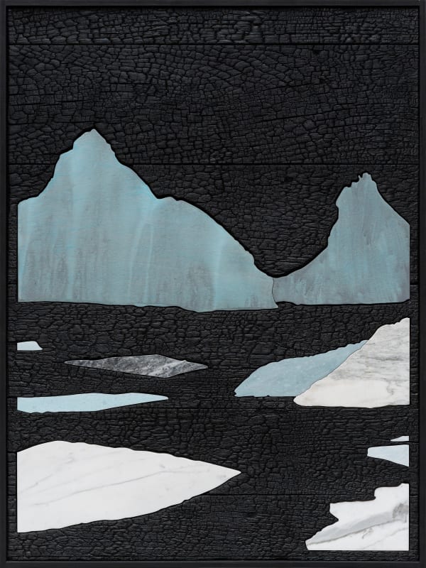 Laurent Pernot Glacier, 2024 Burnt wood, marble and painting 80 x 60 cm (31 1/2 x 23 5/8 in) 82 x 62 cm (32 1/4 x 24 3/8 in) (framed) Weight: 12 kg