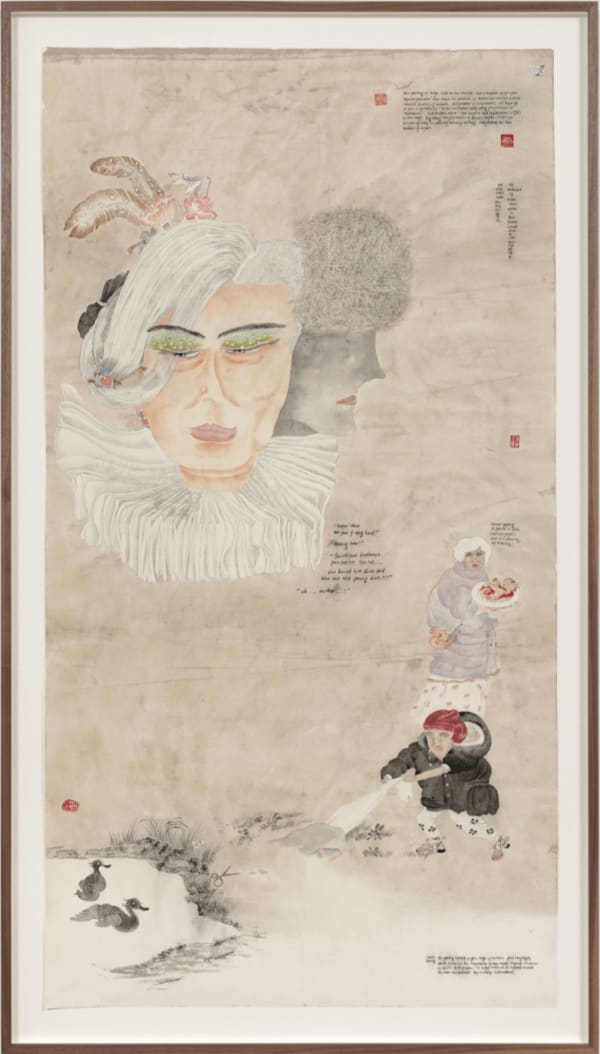 Evelyn Taocheng Wang Apocalypse Bury Alive, 2021 Calligraphy ink, mineral color, pigments, and artist's seal on paper, mounted on paper 192 x 109.5 x 5 cm 75 5/8 x 43 1/8 x 2 in (framed)