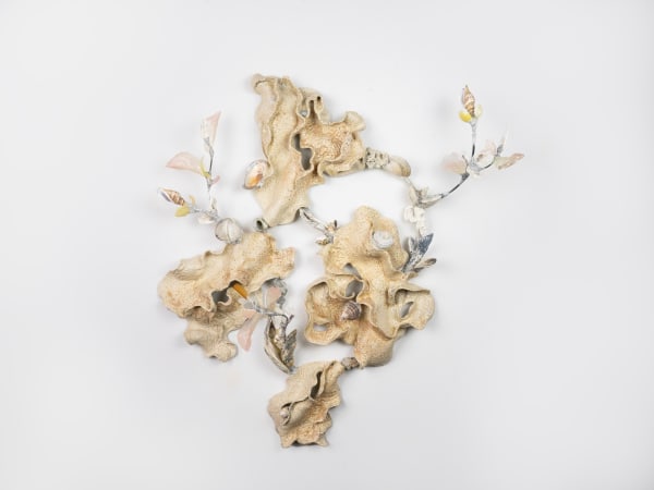 Shuyi Cao Bone of Currents, 2025 Stoneware, sea shells, corals, seaglass, stainless steel, hand-painted recycled plastic 26 × 76 × 76 cm (10 ¹⁄₄ × 30 × 30 in)