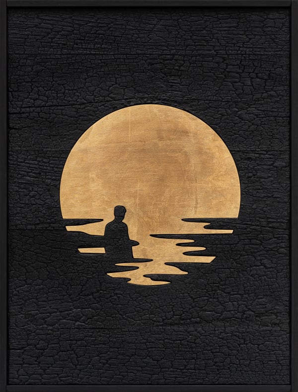 Laurent Pernot You between sun and waves , 2024 Burnt wood and gold leaf 52 x 39.5 x 4.5 cm (20 1/2 x 15 1/2 x 1 ⅜ in) framed Weight: 4.2 kg