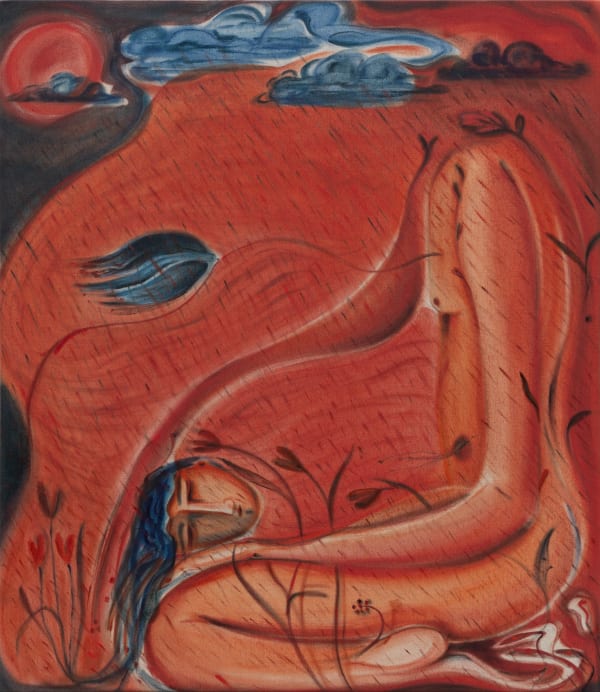 Kinga Bartis Don’t look down, but remember sometimes, to before you were. It will help you seeing cleaner in darkness, 2024 Oil on linen 115 x 100 cm (45 1/4 x 39 3/8 in)