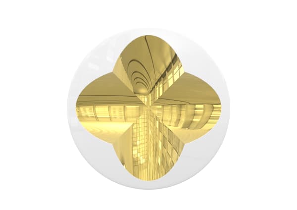 Mark Eisen White disc with 2 perpendicular concave gold ellipses, TBC 51 1/8 x 51 1/8 x 6 7/8 in 130 x 130 x 17.6 cm Edition of 1 Signed Mark Eisen TBC on the back