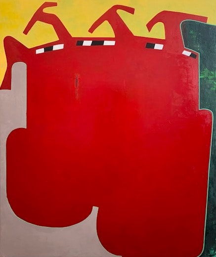 Red, yellow, green and grey abstract painting