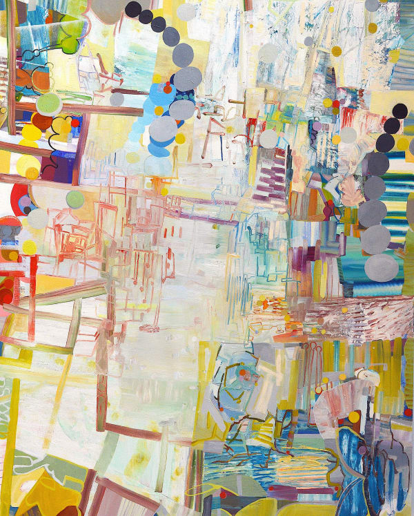 abstract oil painting of many small shapes in saturated colors merging from the top right and bottom left of the painting, over a background of very pale colors.
