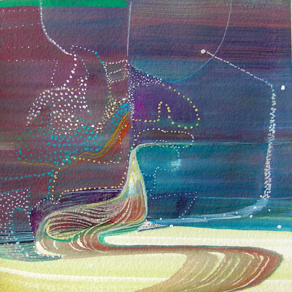 abstract painting with a tan bottom section, and a deep blue and purple upper section, with meandering white lines that transition into dots.