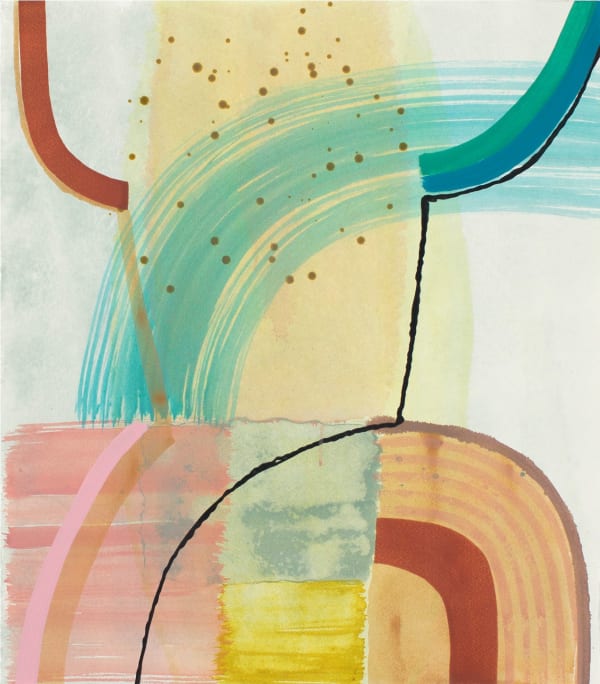 abstract painting of transparent layers of color with two bolder lines in the top section resembling horns.