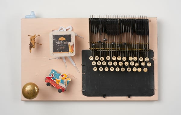 Jim Condron Lucy Sante's Things, 2022 vintage fire cracker, vintage typewriter keyboard, vintage writing slate, coaster, cotton, oil, wood 12 x 19.5 x 5.5 in.