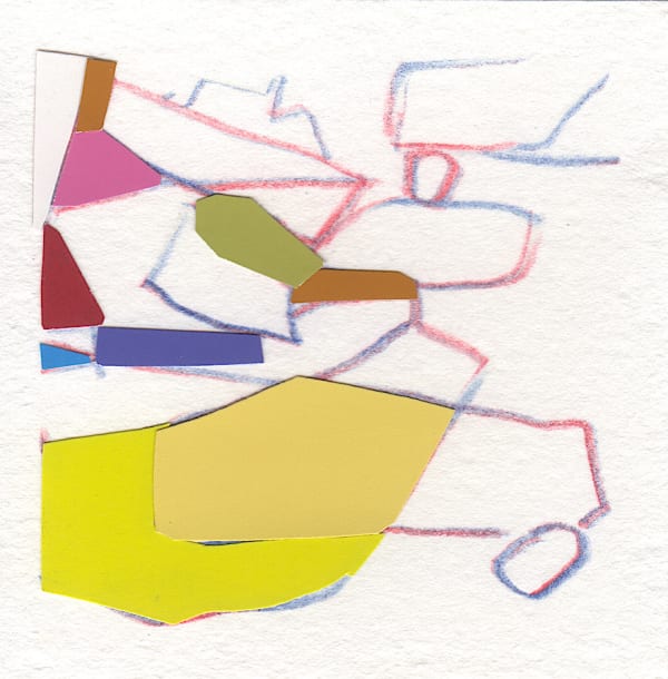 Abstract collage of a large yellow shape, with several smaller shapes at the top left, and colored pencil lines in the backgroud.