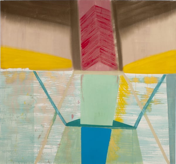 abstract painting with rough brushstrokes and bold shapes in red, blue, yellow, and brown