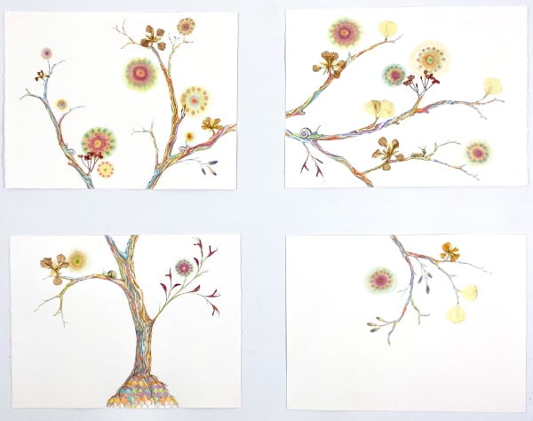 six panel mixed media watercolor and collage of tree of intricate flowers and snails on white background