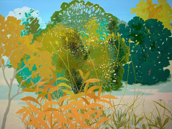 Painting of dark and light green trees, with smaller branches and bushes of orange and yellow in the foreground.