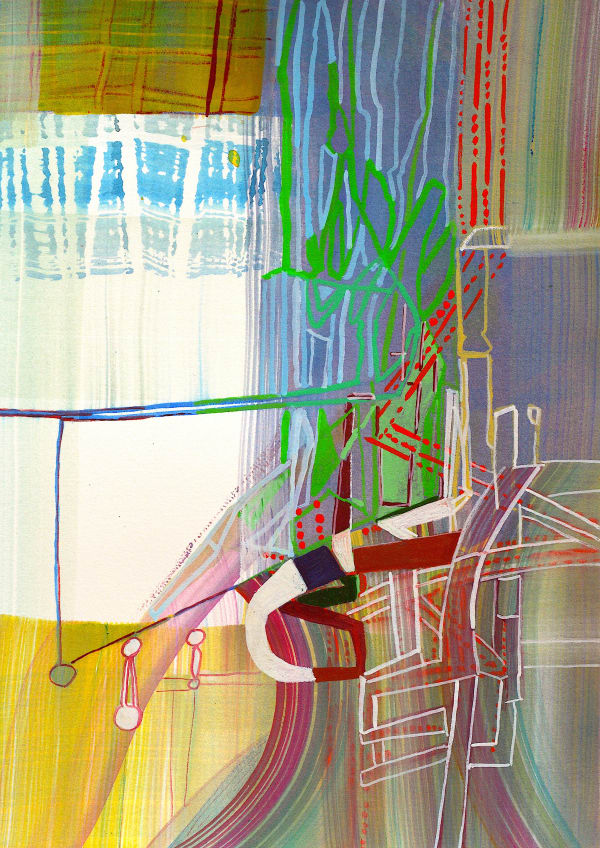 abstract watercolor painting. the color palette on the left side is yellow and white, and it is made up of neutral shades of purple, blue, and green on the right side. In the center right is a design of white and red small blocky shapes.