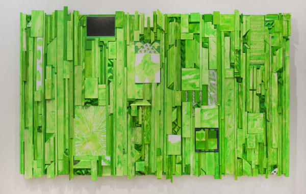 Xiaofu Wang Crouching Tiger, Hidden Dragon, 2017 wood, acrylic, paper and metal on panel 72 x 120 in.