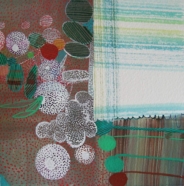 Abstract watercolor painting with a green grid pattern over white in the upper right quadrant. The rest has a dark red brown color, with white speckled circular shapes