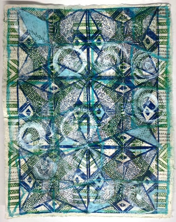 Jacquelyn Strycker Drafts of the Invisible, 2025 risograph on handmade paper with sewing, acrylic gouache, and watercolor 8.5 x 11 in.