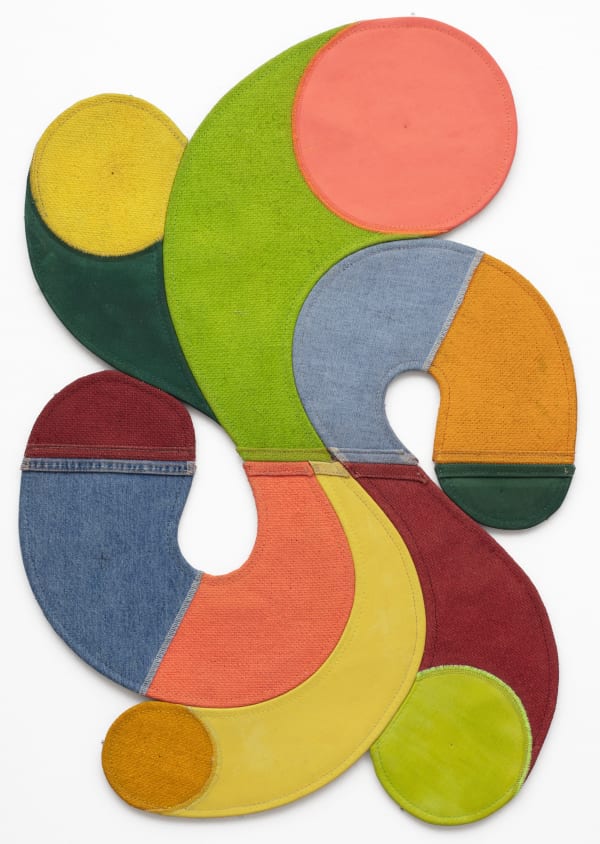 Zuriel Waters Firefly, 2024 acrylic on jute and cotton duck, jeans, upholstery thread, hardware 33 x22 in.