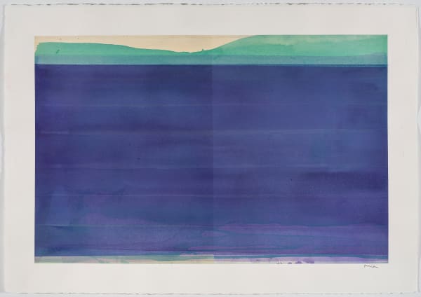 abstract purple painting with turquoise and yellow strip at top