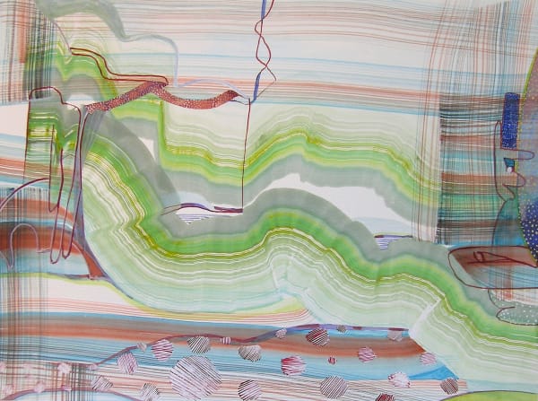 Abstract painting made up of meandering brushstrokes in pale green, over more linear brushstrokes in the background.