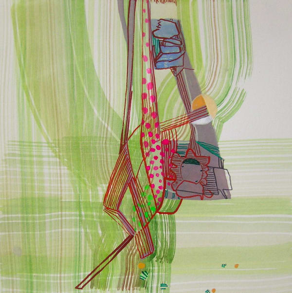 Abstract painting of transparent green lines in both a grid, and branching design. In the center, is a design of thin red lines and dots.