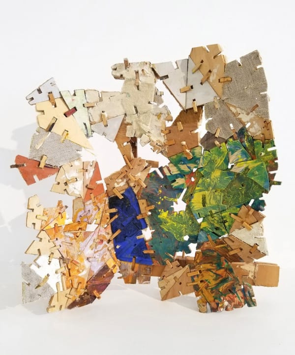 Helen O'Leary Safe House #5, 2018 egg, oil tempera, linen, wood 17 1/2 x 16 x 4 1/2 in.