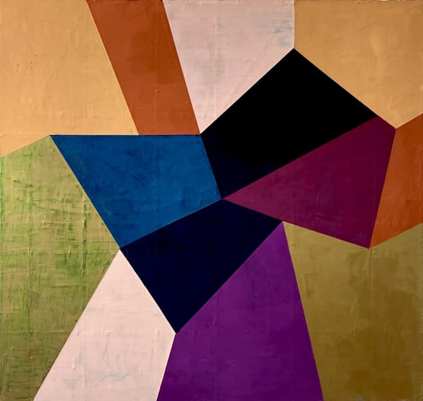 abstract painting with colorful geometric shapes in gold, green, black, purple, pink, and orange