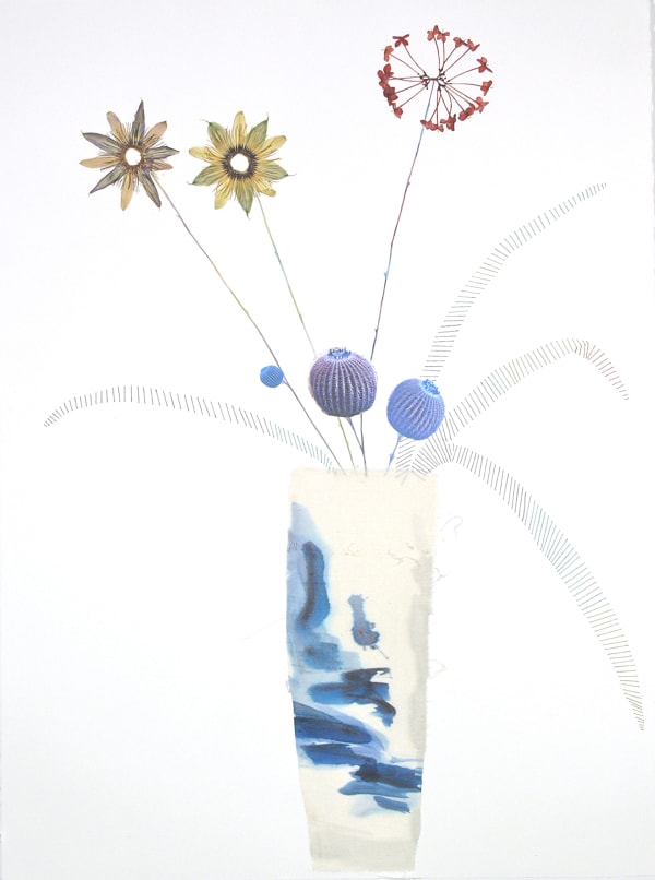 Marilla Palmer Water in the Desert, 2018 watercolor, silk, stitching, foliage and durabrite print on Arches paper 30 x 22 in.