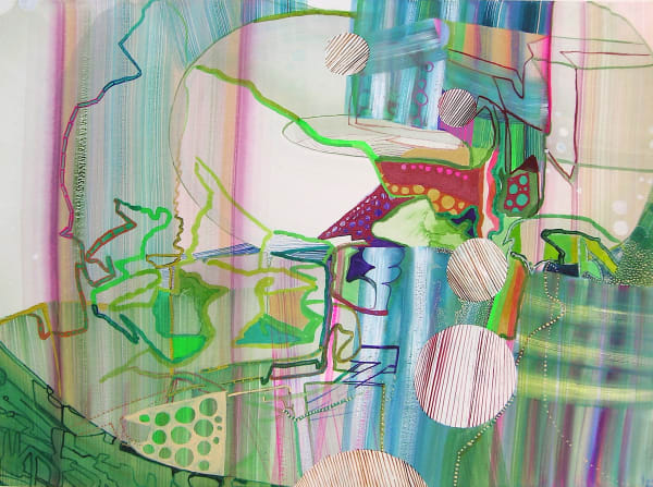 Abstract painting made up of curved linear shapes.