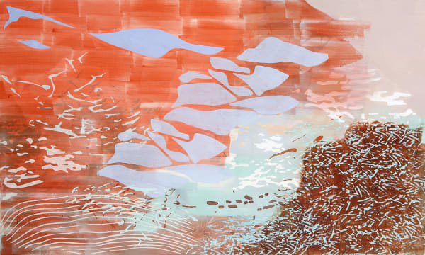 Laura Fayer Unconventional Wisdom , 2019 a crylic and Japanese paper on canvas 36 x 60 in.