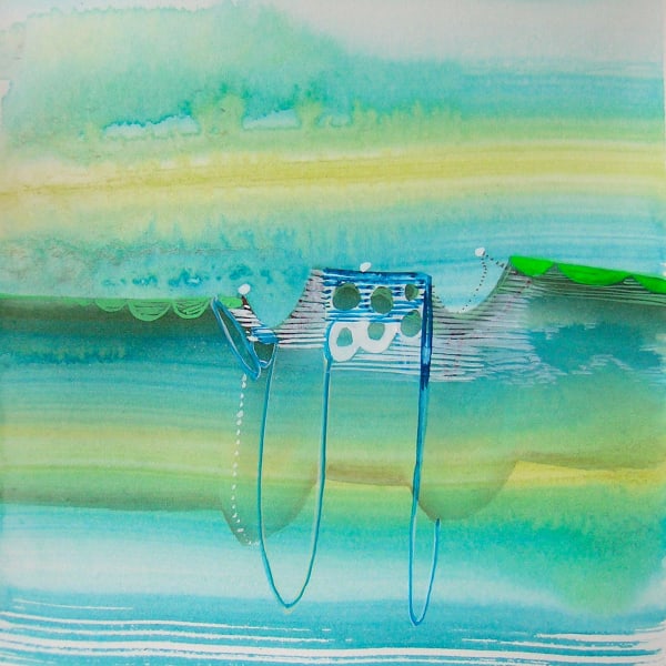 Abstract watercolor painting in washed out blue green and yellow colors. in The center. there is a darker horizontal section, with more defined blue lines hanging down.