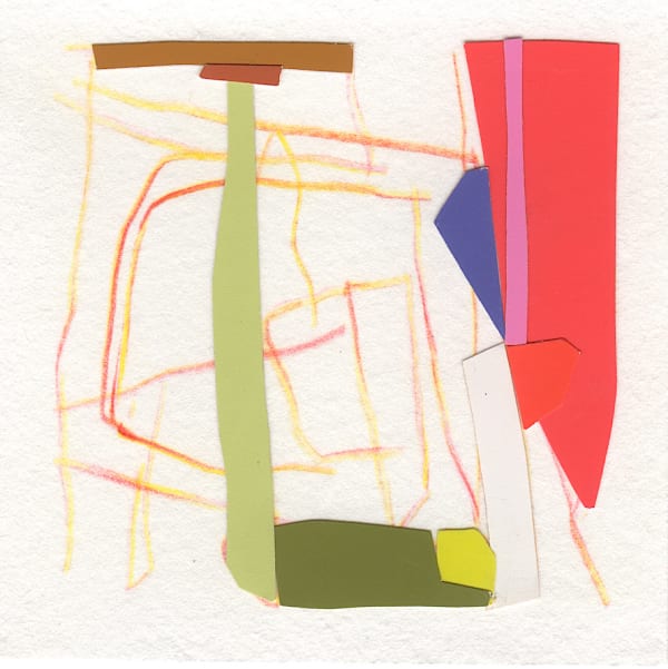 Abstract collage with one long green shape on the left, and a pointy bright red one on the right. There are messy red and yellow pencil lines in the background.