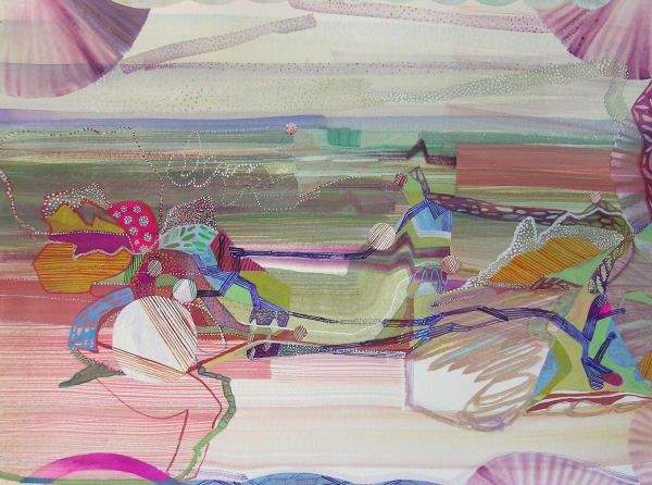 Abstract painting which resembles a landscape, with a beach in the foreground, receding into flat green plains and a grey sky. There are purple fan like shapes protruding into the borders.