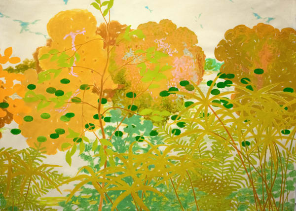 Abstract painting og pale orange trees with plants bearing small round leaves in front of them.