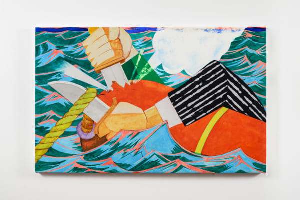 Crew of Saboteurs, 2025 ink and acrylic on canvas 21 1/2 x 34 1/8 x 1 inches