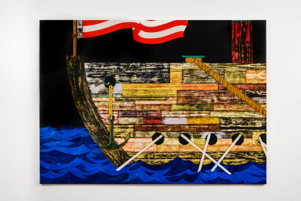 Ship of Theseos, 2025 ink and acrylic on canvas 55 3/8 x 76 3/4 x 1 inches