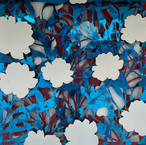 Michael Kalish, Floral Abstract Mirror Blue on Red
