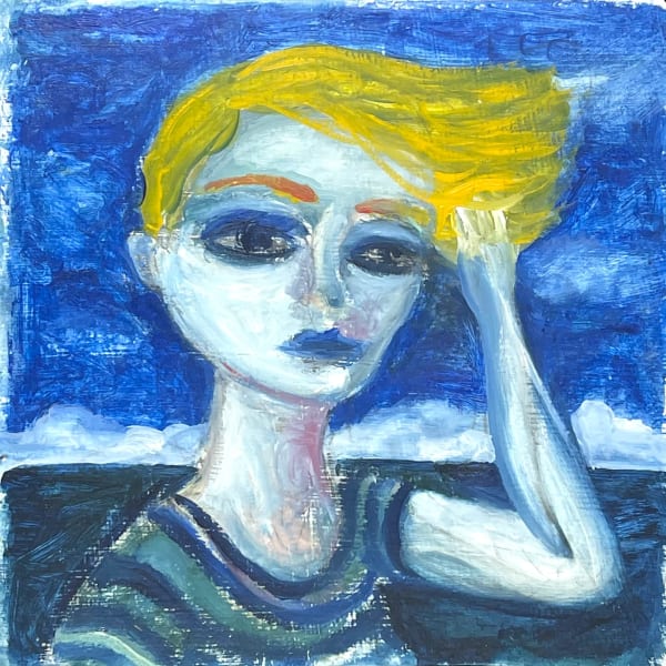 Young woman gazing into a dark pasture