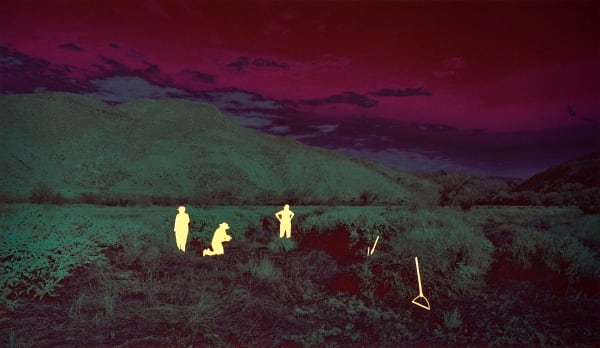 John Brinton Hogan, Botanist and Volunteers Identifying Invasive Species, Anza Borrego Desert State Park, California, February, 2015 (wine red, purple, and teal with yellow glitter blister, 2018