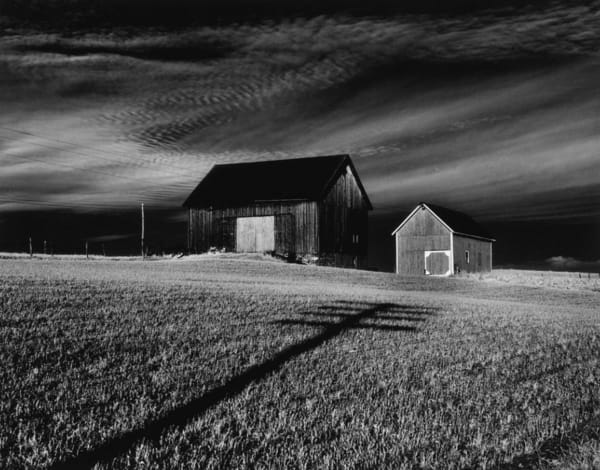 Minor White, Two Barns and Shadow, Dansville, NY, 1955