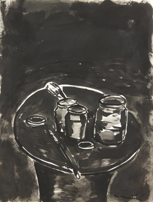 Martine Martine, Pots d'encre et Pinceau sur tabouret sombre, 1989