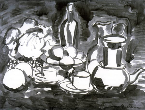 Martine Martine, Fruits et Cafetière sur fond sombre, 1989
