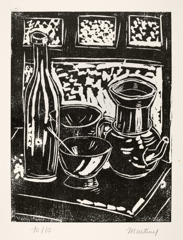 Martine Martine, Cafetière, deux bols et bouteille, 1974