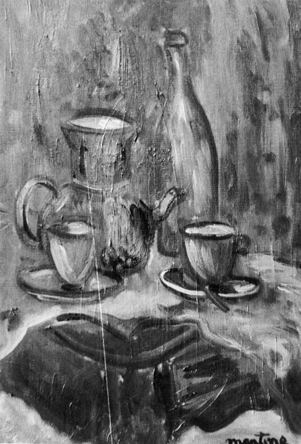 Martine Martine, Nature morte à la cafetière sur nappe orange, 1970