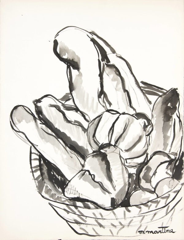 Martine Martine, Corbeille de pains et brioches sur fond clair, 1980
