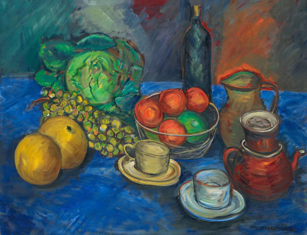 Martine Martine, Fruits et Légumes sur nappe bleue I, 1988