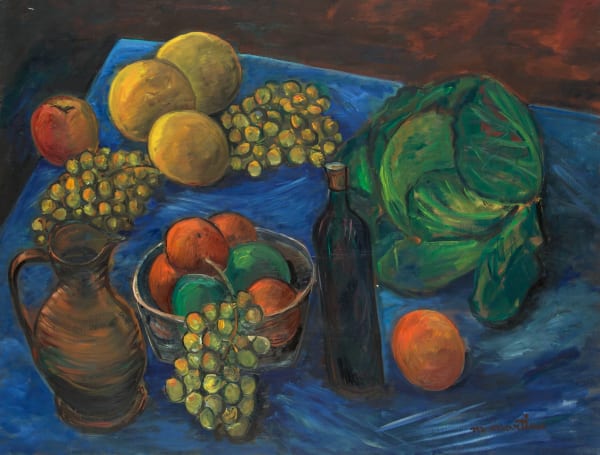 Martine Martine, Fruits et Légumes sur nappe bleue II, 1988