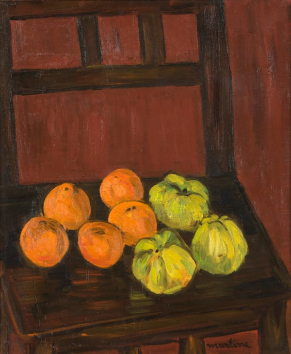 Martine Martine, Fruits sur chaise, fond brique, 1973