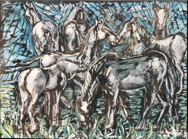Martine Martine, Troupeau de chevaux fond bleu et vert, 1997